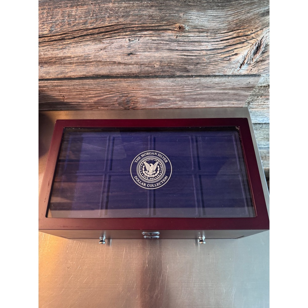 Morgan Silver Dollar Collection Wood Display Case 2 Tier 16 Slot Coin Box Blue